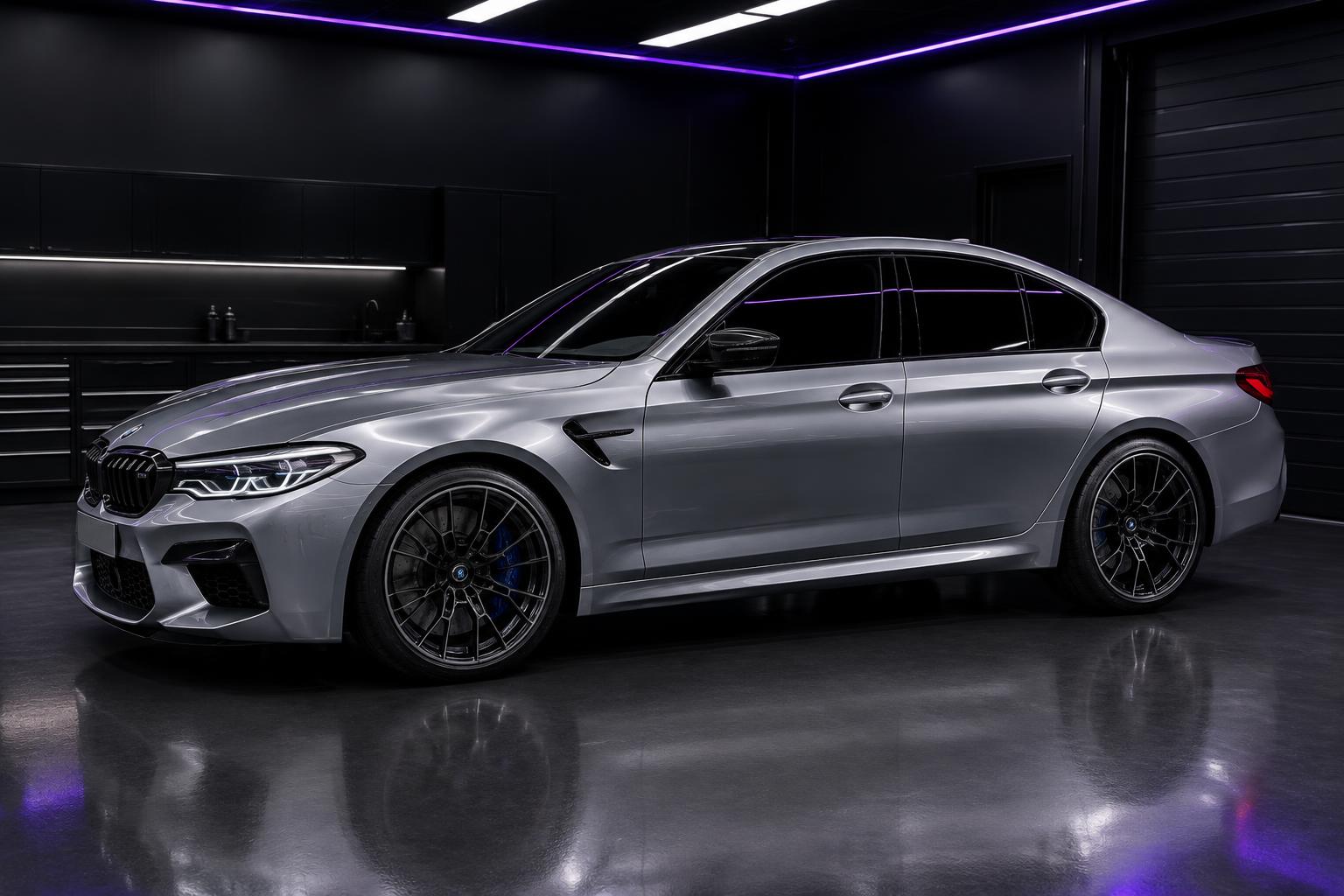 Illustrative silver sedan with dark window film in a tint workshop